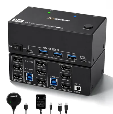 Zdjęcie produktu dla Przełącznik KVM HDMI 8K 60Hz, obsługujący 2 komputery i 3 monitory