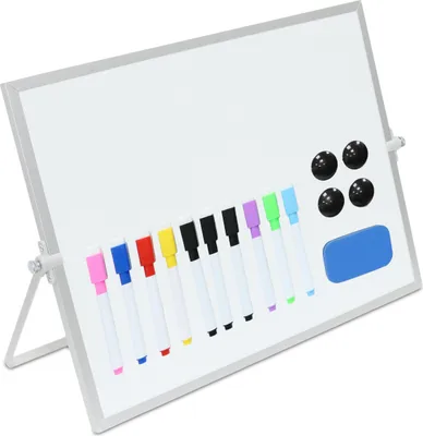 Zdjęcie produktu dla Stolik z tablicą suchościeralną Relaxdays, 30 x 40 cm, magnetyczny, obracany o 360°, w zestawie z pisakami, magnesami, gąbką i tablicą magnetyczną, biało-srebrny
