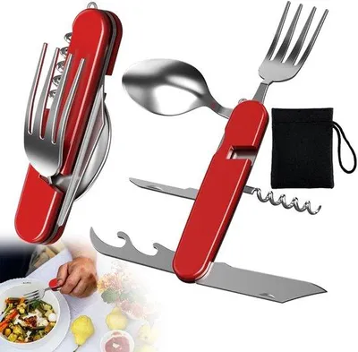 Productafbeelding van 6-in-1 klapbestek - campingbestek met opbergtas - rood
