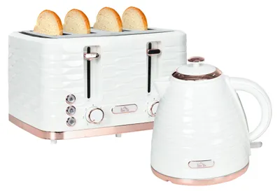 A white toaster and kettle set with rose gold accents, against a white background.