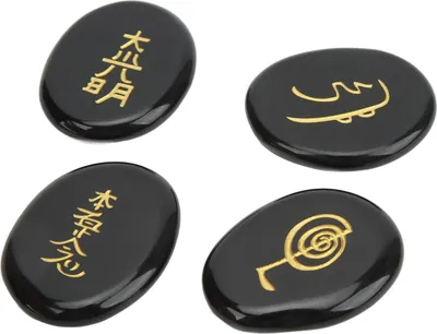 Produktbild von 4 Stück Reiki-Symbolsteine Chakra Steine - heilender Kristall mit gravierten Chakra-Symbolen für Meditation und Kristalltherapie (#2)