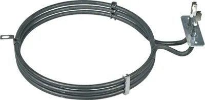 A circular heating element for an oven, made of metal, with two connection points on a metal plate.