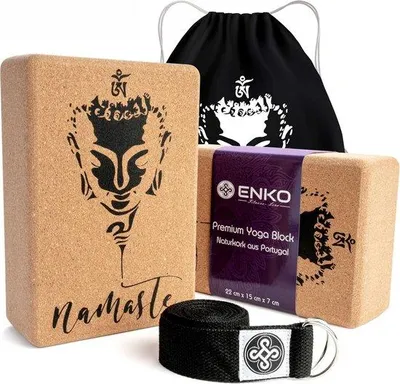 Productafbeelding van Famanu Yoga Blokset met 2 yogablokken van kurk, een yogariem en een katoenen tas - hoogwaardige yoga-accessoires