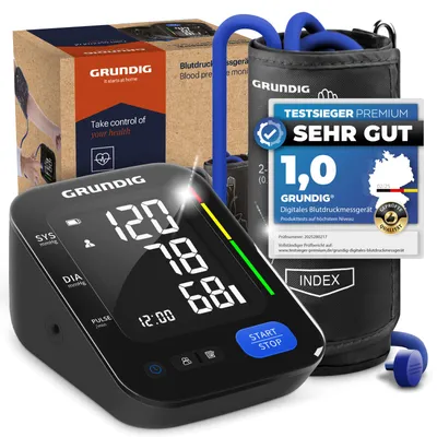 Produktbild von GRUNDIG Blutdruckmessgerät Oberarm - hochpräzise - einfachste Bedienung - perfekt ablesbar - Herzrhythmusstörungen Erkennung - Risikobewertung - Manschettensitzkontrolle - 240 Speicherplätze