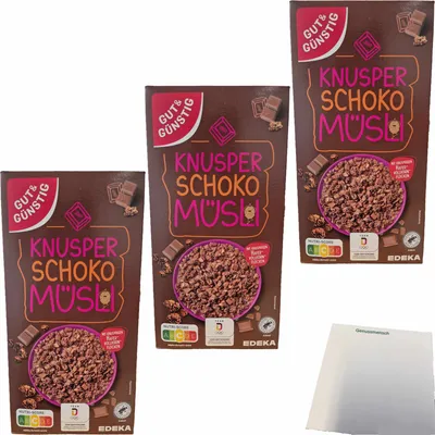 Produktbild von Gut & Günstig Knusper Schoko Müsli mit knusprigen Hafervollkornflocken 3er Pack (3x600g Packung) + usy Block