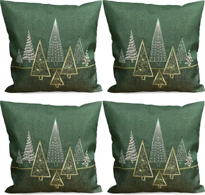 Produktbild von 4er Set Kissenhüllen 40x40 cm dunkelgrün mit Tannenbaum Weihnachten