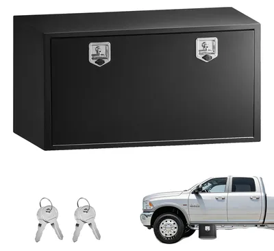 Image de Boîte à outils VEVOR pour le dessous de camion, 609 x 305 x 356 mm, coffre de rangement en acier robuste pour remorques, avec serrure et clés, étanche. Coffre de rangement pour remorques, idéal pour organiser le chargement, avec poignée en T, pour camions, fourgonnettes, SUV, de couleur noire