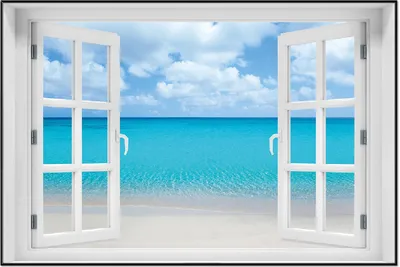 Produktbild von Wallario Wandbild mit Fenster-Illusion: Sandstrand und blaues Meer, Größe: 61 x 91,5 cm, Poster mit schwarzem Aluminiumrahmen
