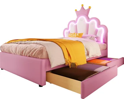 Produktbild von Prinzessinbett mit LED-Beleuchtung und Schubladen, 90x200cm, höhenverstellbarer Kopfteil, Mädchenbett, Polsterbett für Mädchen, Einzelbett