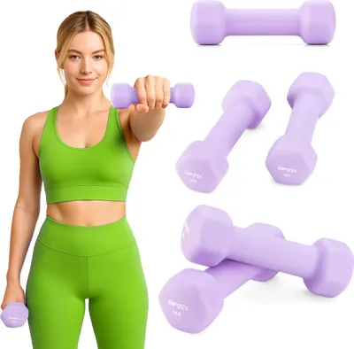 A woman in workout attire holding a dumbbell, with multiple dumbbells shown in separate frames.