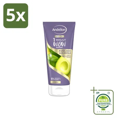 Productafbeelding van 5 x Andrélon 1 Minute Wow Haarmasker Avocado SOS Repair, 180 ml - Grote verpakking - 5 stuks