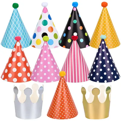 11er Set Partyhüte mit Pompons – Papierkegelhüte für Kinder & Erwachsene