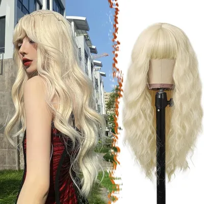 Produktbild von BARSDAR Lange Platinblond Wellen Perücke mit Pony 66cm - Synthetische Haarperücke für Frauen - Cosplay Party Halloween