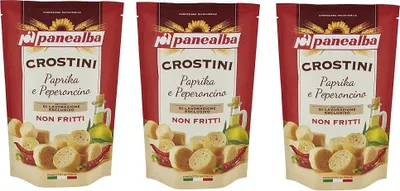 Produktbild von 3x Panealba Crostini Paprika e Peperoncino Croutons mit Paprika and Chilli Gesalzener Snack Nicht Gebraten Nicht Frittiertes 100g