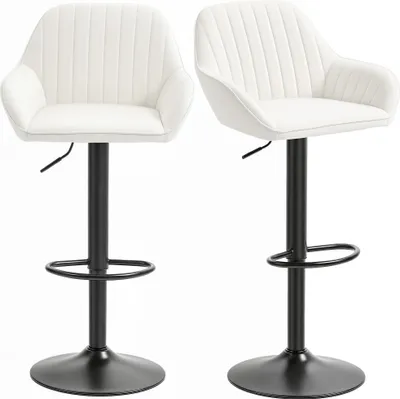 Image de lot de 2 tabourets de bar - Tabouret de bar pivotant - Hauteur réglable 62-83 cm - Velours - Dossier & repose-pieds - Blanc crème