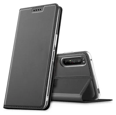 A dark gray flip case for a smartphone is shown from the front and back, with the phone partially visible.