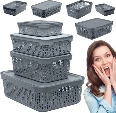 Produktbild von 5X Aufbewahrungskorb Korb mit Deckel Aufbewahrungskiste Aufbewahrungsbox aus Plastik Grau