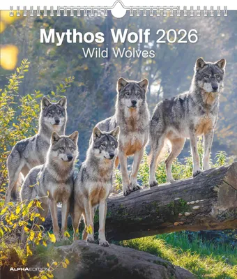 A group of five wolves are standing on a fallen log in a forest setting.
