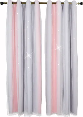 Two pink and gray gradient sheer curtains with small white stars hanging from a curtain rod.