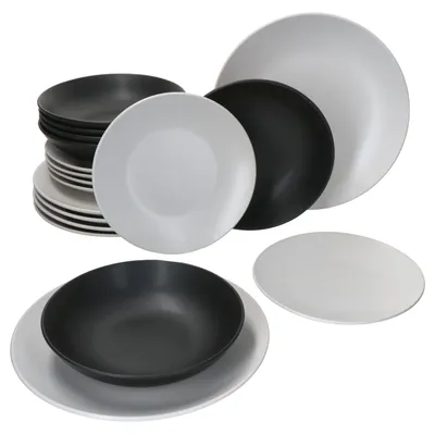 Produktbild von 18tlg Teller Set Nero Bianco - Speiseteller weiß, Suppenteller schwarz & Desserteller weiß