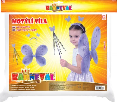 Product packaging for a butterfly fairy costume set, featuring a child wearing the costume.