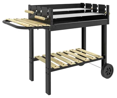 Image de Barbecue de jardin - Barbecue portable au charbon - 113 x 53,5 x 82,5 cm - 2 grilles de cuisson réglables en hauteur - Table latérale et étagère - Roues - Noir