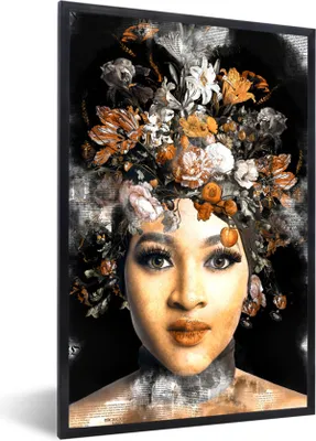 Produktbild von MuchoWow® MuchoWow® Gerahmtes Poster Frau - Zeitung - Blumen 60x90 cm - Poster mit zchwarzem Bilderrahmen - Kunst