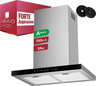 Immagine prodotto di LEVIVO A+++ cofano aspirante 60cm ricircolo e scarico dell'aria con prestazioni d'aria di 750 m³/h, cofano aspirante con 2 filtri a carboni attivi, 2 filtri antigrasso, 3 livelli e booster