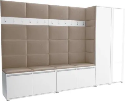 Produktbild von Garderoben-Set Noris V mit Spiegel, gepolsterte Garderobe 290 cm, Flurmöbel mit Wandpaneelen, 12 Haken und Schrank (Farbe: Weiß + Trinity 04)