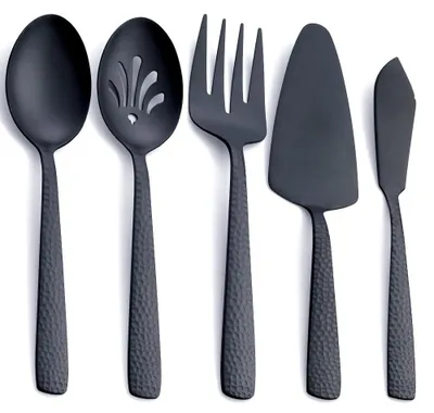 Produktbild von Servierbesteck-Set aus mattschwarzem Edelstahl, bestehend aus Servierlöffel, Schaumlöffel, Serviergabel, Tortenheber und Buttermesser, 5-teilig