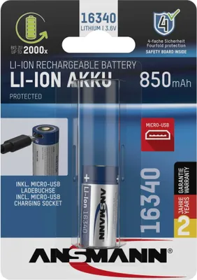 Immagine prodotto di Ansmann 16340 Batteria agli ioni di litio 850mAh 3,6V Ingresso micro USB 1300-0015
