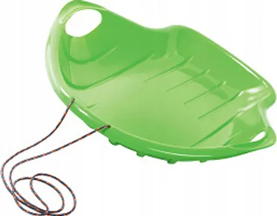 A green plastic sled with a rope attached, shown on a white background.