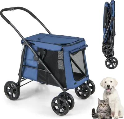 Produktbild von GOPLUS Hundewagen klappbar, Hundebuggy für Hunde & Katzen bis 40 kg, Haustierwagen mit weichem Kissen, Netzfenster & 2 Eingängen, Hundetrage, Blau