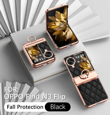 Produktbild von Leder Hülle für OPPO Find N3 Flip mit Ringhalterung, Luxus Glitzer Bling Überzug Scharnierschutz Handyhülle Schwarz