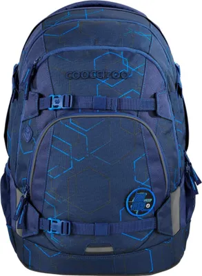 A blue backpack with a geometric pattern.