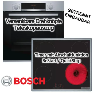 Produktbild von Herdset BOSCH Backofen Teleskopauszug 3D-Heißluft + Glaskeramikkochfeld Kindersicherung autark 60cm