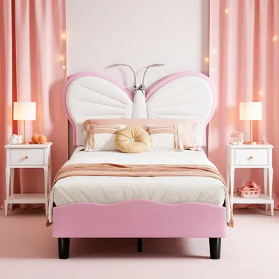 Immagine prodotto di Letto per bambini INONEFT, 90x200 cm, con illuminazione LED, letto imbottito per bambine con poggiatesta regolabile, letto per adolescenti a forma di farfalla, letti singoli, colore rosa