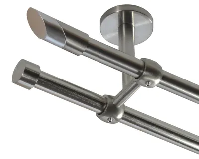 Produktbild von Gardinenstange Set Edelstahl Look Metall Ø 16mm Deckenbefestigung 2-lauf Schräge, Länge wählbar D21 E13 E16