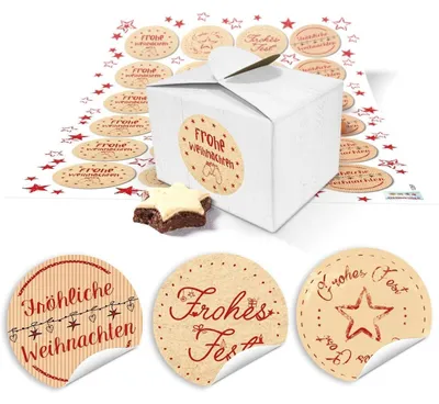 Produktbild von 24 kleine weiße Weihnachtsschachteln 8 x 6,5 x 5,5 Verpackung Schachteln für mini Geschenke give-away zu Weihnachten + 24 rot beige Aufkleber mit Frohes Fest, Frohe Weihnachten, … zum Befüllen