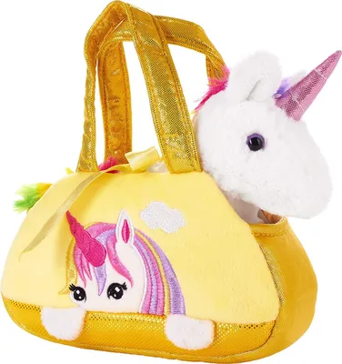 Image de Brubaker Licorne arc-en-ciel en peluche dans un sac à main - 20 cm - Peluche dans un sac - Doudou - Jaune