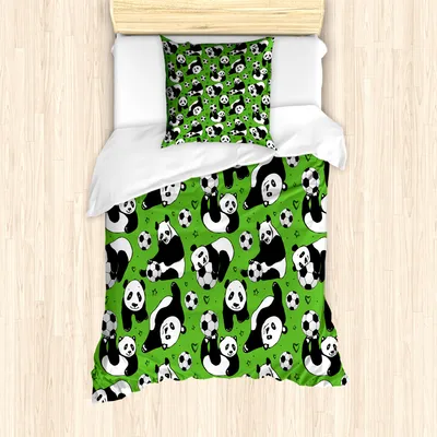 Produktbild von ABAKUHAUS Fußball Mantele, Lustiger Panda-Herz-Stern, Milbensicher Allergiker geeignet mit Kissenbezügen, 135 cm x 200 cm - 80 x 80 cm, Lime Grün Schwarz Weiß