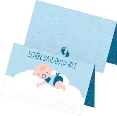 Produktbild von itenga 24x Tischkarten "Baby auf Wolke / Schön dass du da bist" blau pastell