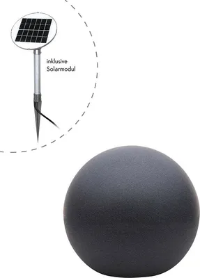 A solar-powered garden light sphere and its solar panel accessory are shown against a white background.
