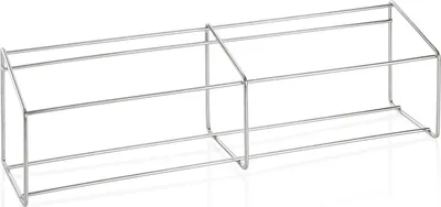 A silver wire rack is shown on a white background.