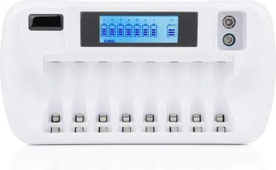 Image de Station de recharge LCD avec 8 + 1 emplacements pour piles AA, AAA, 9 V, NiMH et Li-ion - Technologie de recharge intelligente avec écran LCD