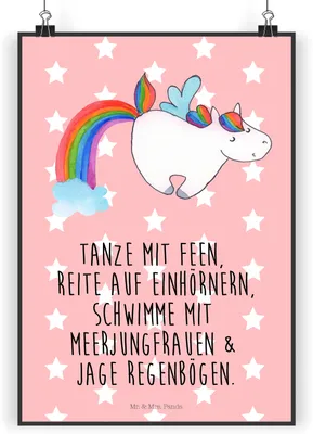 Produktbild von Mr. & Mrs. Panda Bild Einhorn Fliegendes Pferd DIN A3 - Rot Pastell - Geschenk, wanddeko, Unicorn, Regenbogen, Glitzer, Realität, drucke, Spielen, Posterdruck, Wandbild