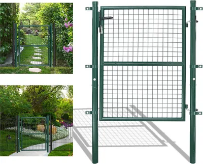 Collage of garden gates in outdoor settings and a close-up of a gate.