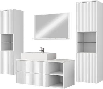 Produktbild von MIRJAN24 Badmöbel Kertos Rillen III, 5er-Set Badmöbel-Set, Spiegel, Waschbeckenschrank, Waschbecken, Fronten gefräst, Spihon (Farbe: Weiß / Weiß + Marmor Bianco)