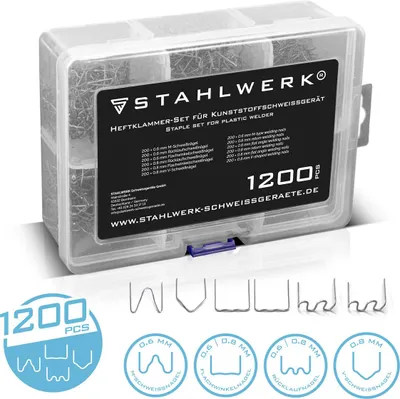 Zdjęcie produktu dla Zestaw zszywek STAHLWERK do urzadzen spawalniczych do plastiku 1 200 zszywek Gwozdzie spawalnicze