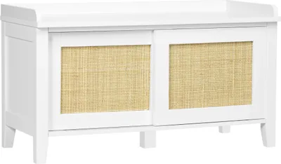 Obrázek produktu pro Lavice na boty - Botník se sedátkem - Dvoje ratanové dveře - Rozměry 80x35x45 cm - MDF a ratan - Do předsíně - Bílá barva